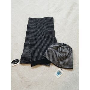 Portolano 100% Cashmere Scarf & Beanie Hat Set Gray Black NWT
